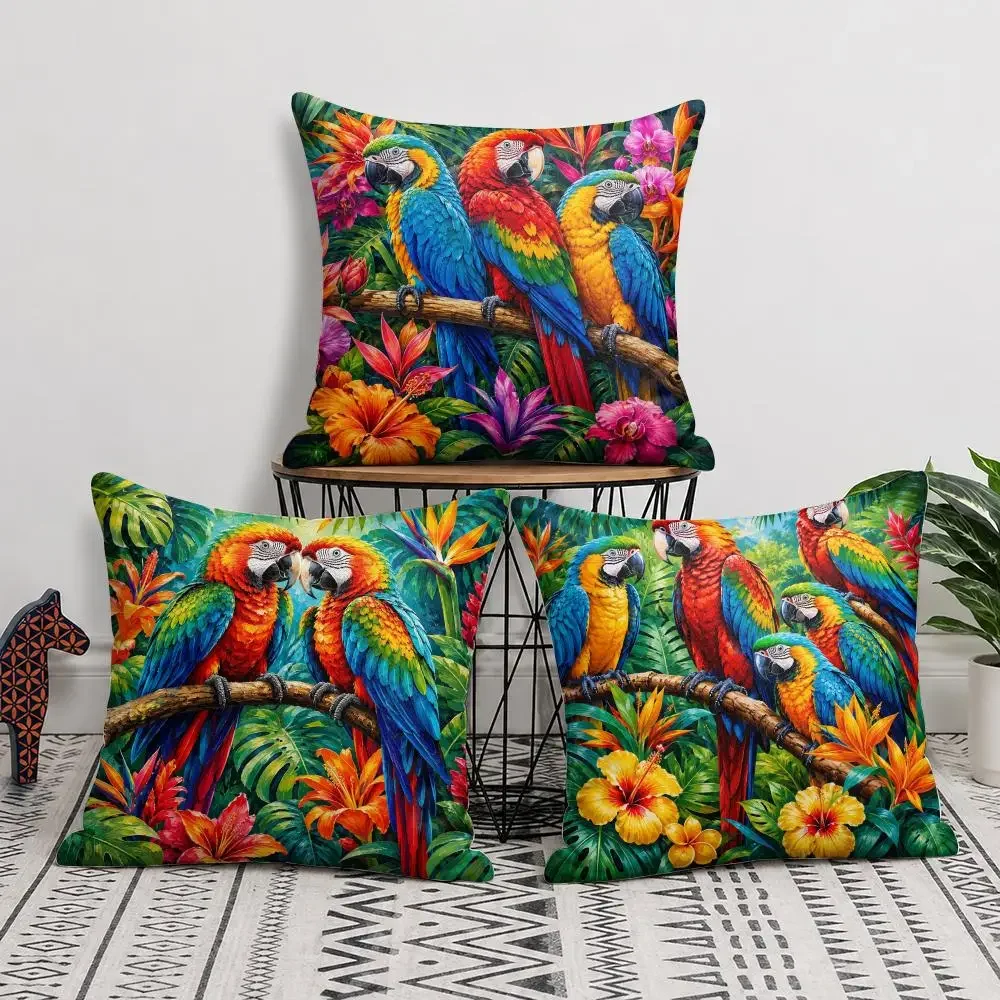 Tropical Parrot Jungle Floral Boho Cushion Cover Silky Short Plush Invisible Zipper Dustproof Sofa Pillow Case For Home Decor