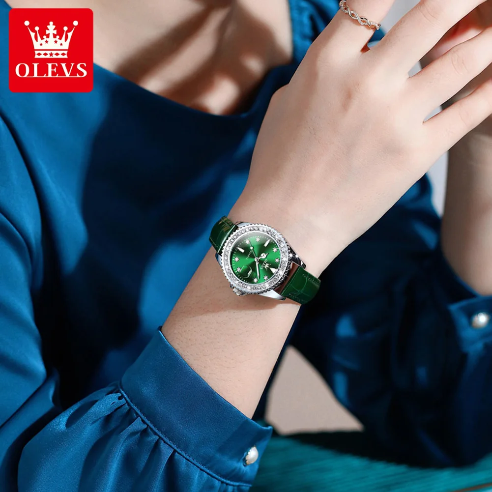 OLEVS 9945 Luxury Ladies\'s Quartz Watch Green Leather Women\'s Watches Waterproof Luminous Calendar Female Clock Relogio Feminino