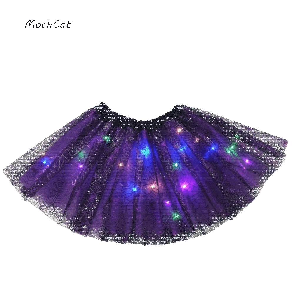 Mesh Kids Tutu Skirt Pom Pom Puffy Girls Mesh Puffy Skirt with Lamp Beads Short Length Kids Pom Pom Skirt Halloween