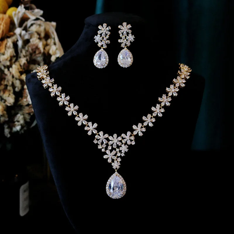 

Charm Flower Lab Diamond Jewelry Set 14K White Gold Engagement Wedding Earrings Necklace for Women Bridal Promise Gift