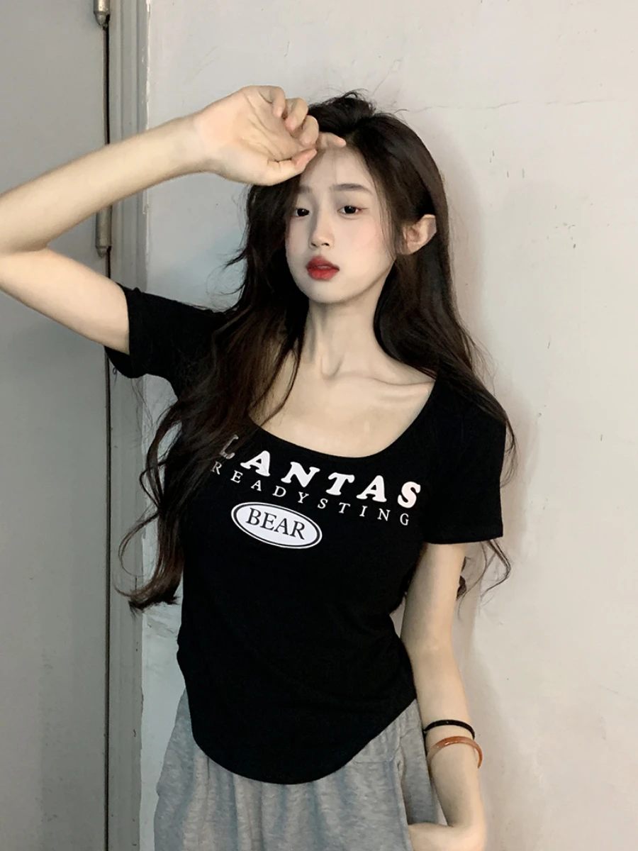 plus Size Korean Sle Pure Desire Spicy Girl U-Ne ort Sve T-irt Faionable Versatile Base Layer Women's Slimming Top