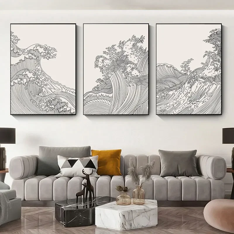 Nordic Black and White Canvas Painting Lines Abstract Sea Waves Japanese Style Homestay Posters Wall Pictures Home Decor