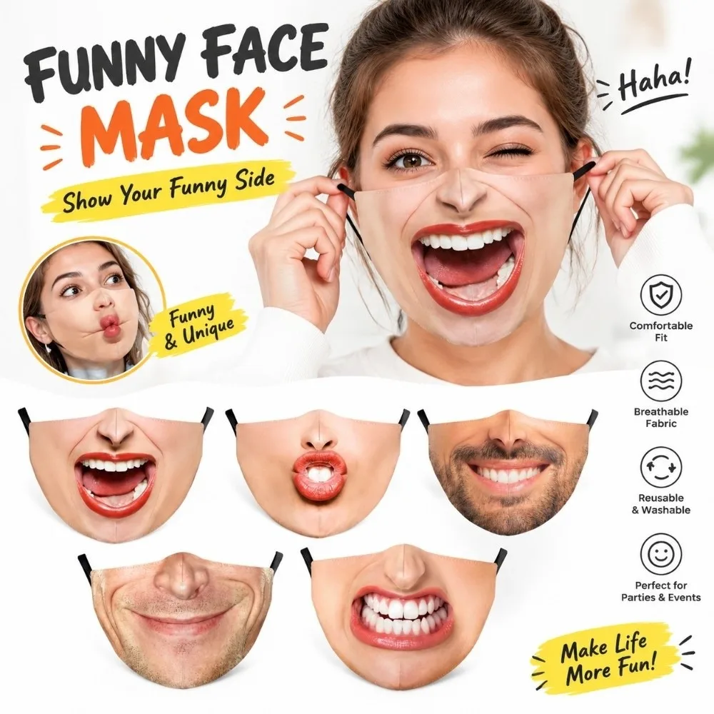 Breathable Fabric Funny Face Print Mask Reusable Skin Friendly Human Face Expression Mask Non Disposable Warm Face Cover