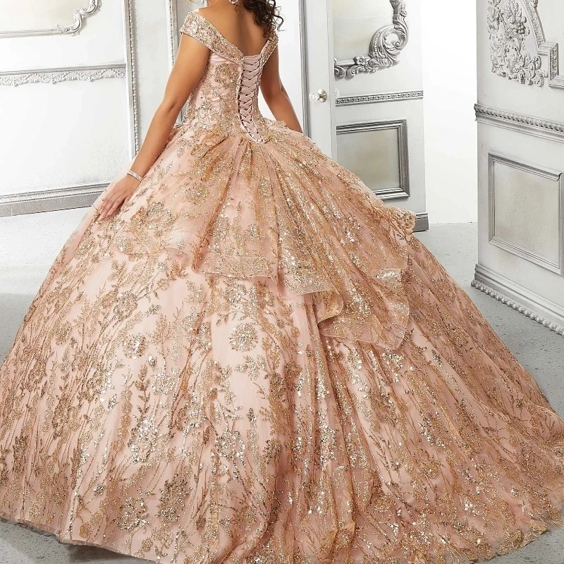 Rose Gold Shiny Ball Gown Quinceanera Dress 2024 Appliques Lace Beads Off Shoulder Sweet 15 16 Years Vestidos De XV Anos