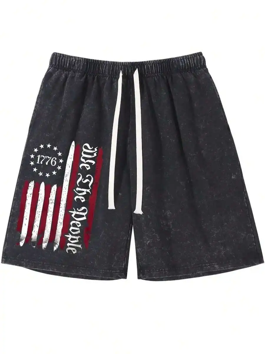 

Mens Acid Washed Cotton Shorts With Drawstring Waist And Patriotic Print