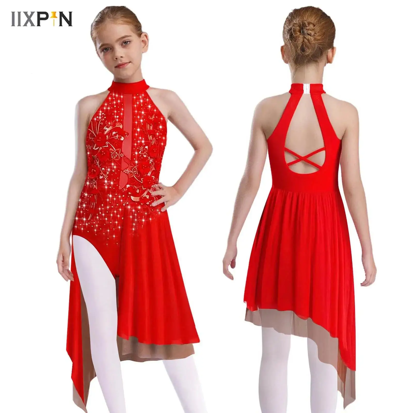 

Kids Girls Figure Skating Dress Ballet Lyrical Dance Costume Sleeveless Cross Back Applique Irregular Mesh Overlay Leotard Dress