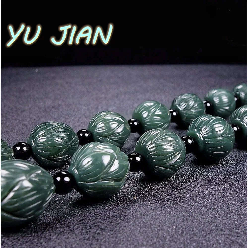 Hetian Jade Green Jadeite Buddha Bead Hand String Bracelet Lotus Rosary Car-Pendant Pendant Simple Decoration Chain Fine Jewelry