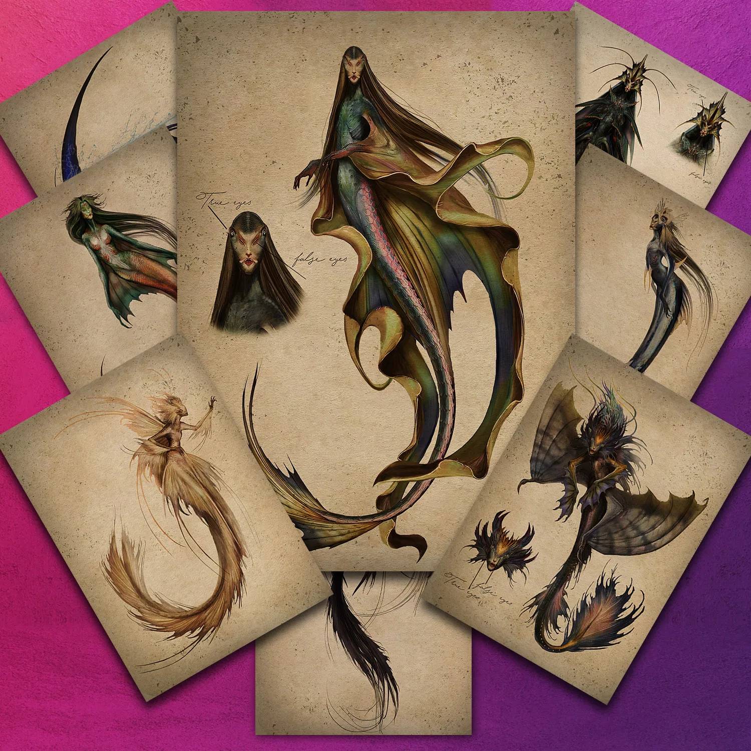Mermaid Creature Vintage Illustration,Wall Art Canvas Painting,Siren Monster Art Poster And Print Home Decoration Unframed