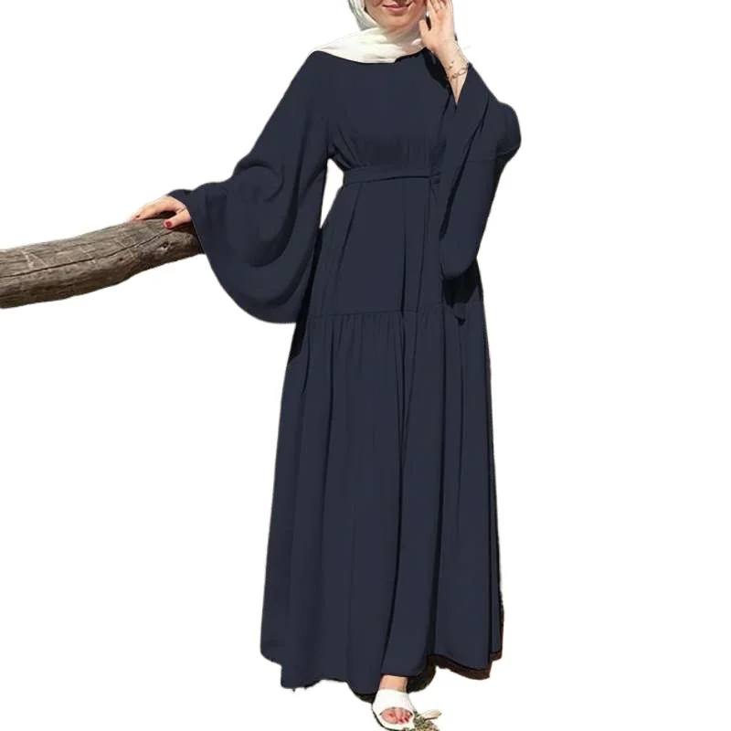 

Fashionable O-neck long sleeved Muslim women's spring solid color dress, elegant and casual Kaftan vacation robe