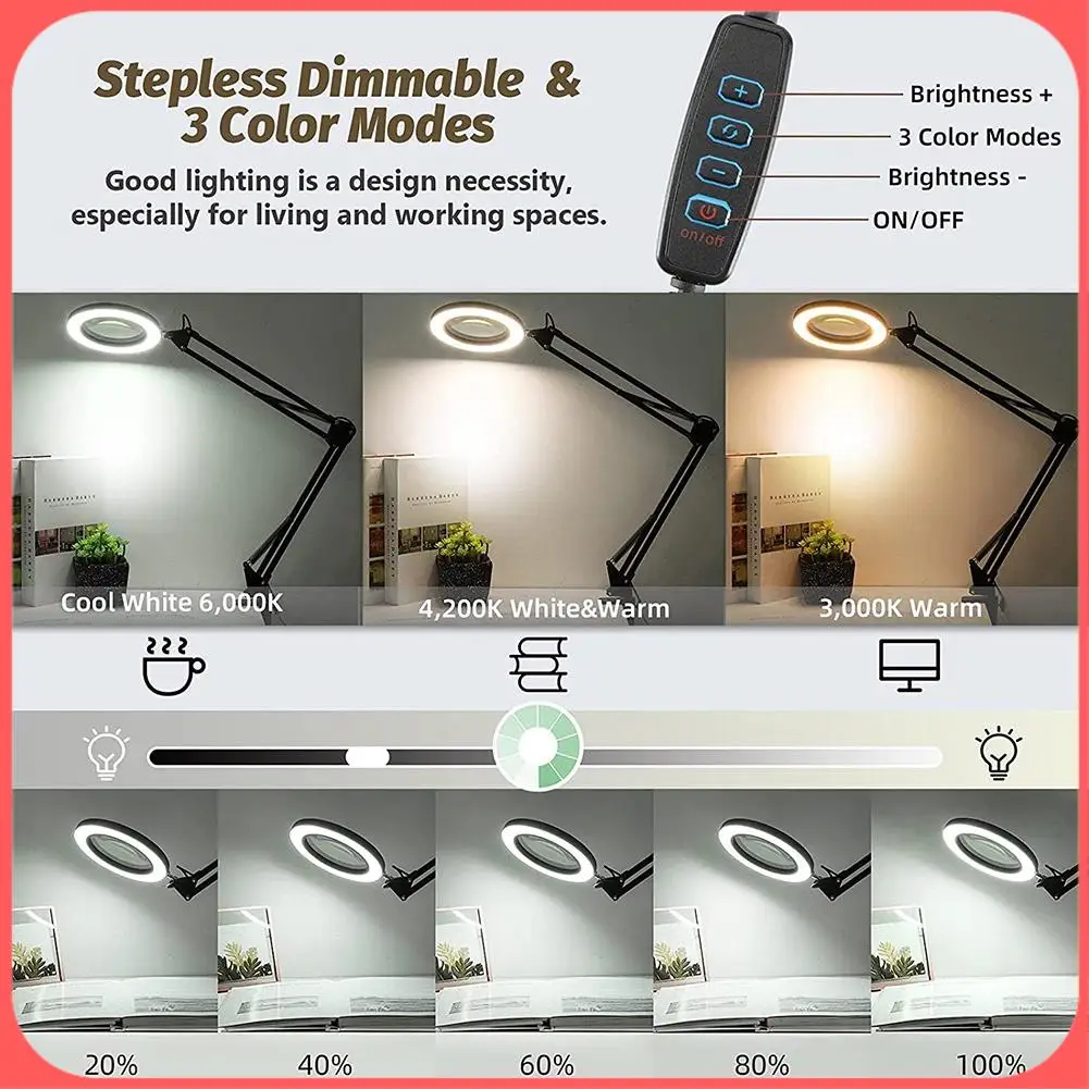 

A76I-Magnifying Glass With Light And Bracket,3 Color Modes Stepless Dimmable LED Desk Lamp, Used For Reading And Repairing