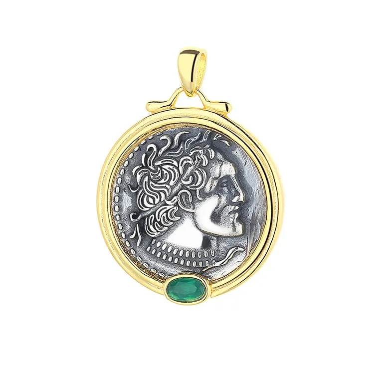 

TLM-1 ZFSILVER 925 Silver Fashion Trendy Ptolemy II Retro Gold Ancient Coin Necklace Pendant Without Chain Women Wedding Jewelry