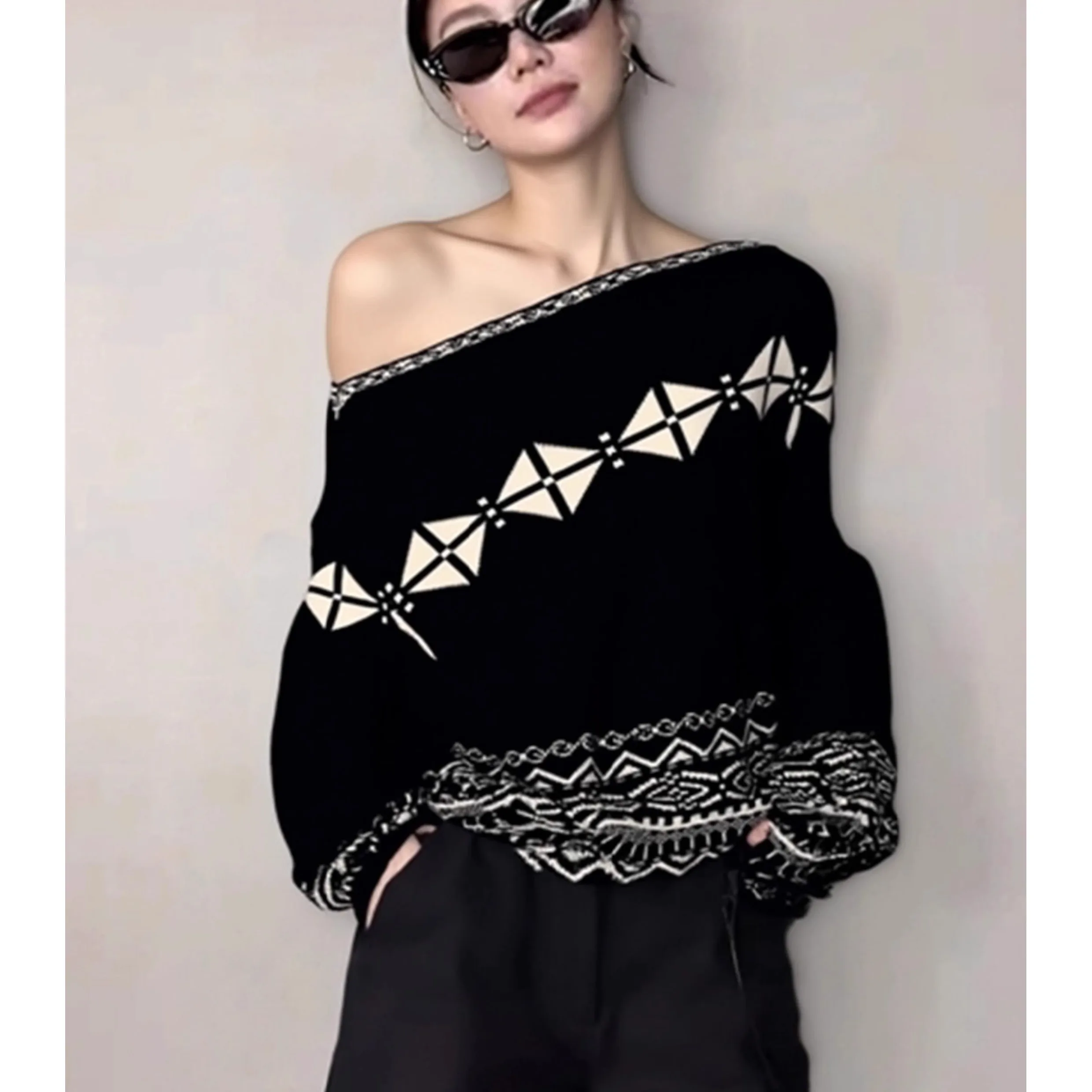 เสื้อสเวตเตอร์ถักไหมพรมทรงหลวมสไตล์เกาหลีสำหรับผู้หญิง ดีไซน์หรูหรา สไตล์ลำลอง แบบคลุมไหล่ ทรงหลวมคลุมทั้งตัว