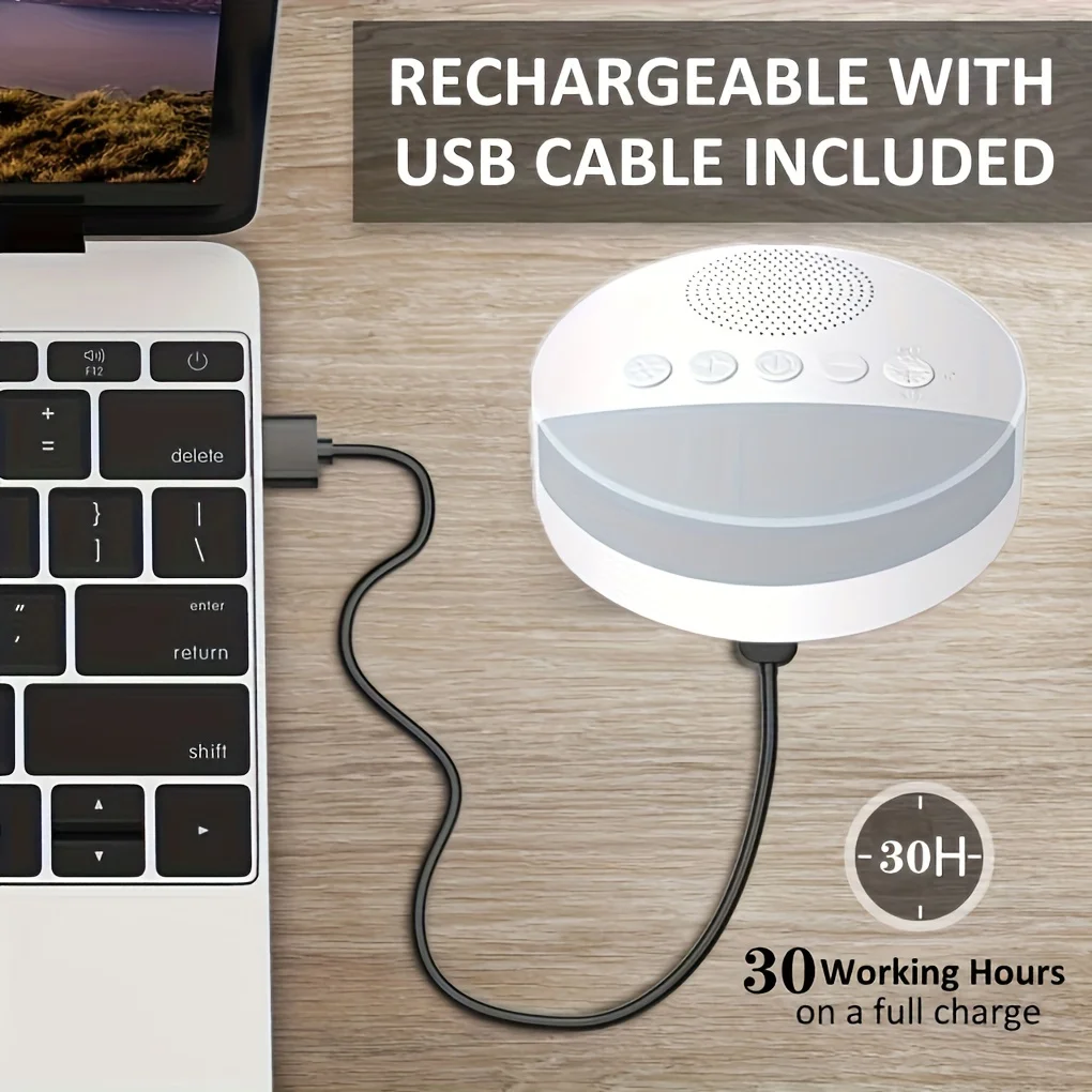 1200 mAh draagbare USB oplaadbare witte ruismachine met nachtlampje, 9 rustgevende geluiden, timer uitschakeling voor thuis/kantoorgebruik