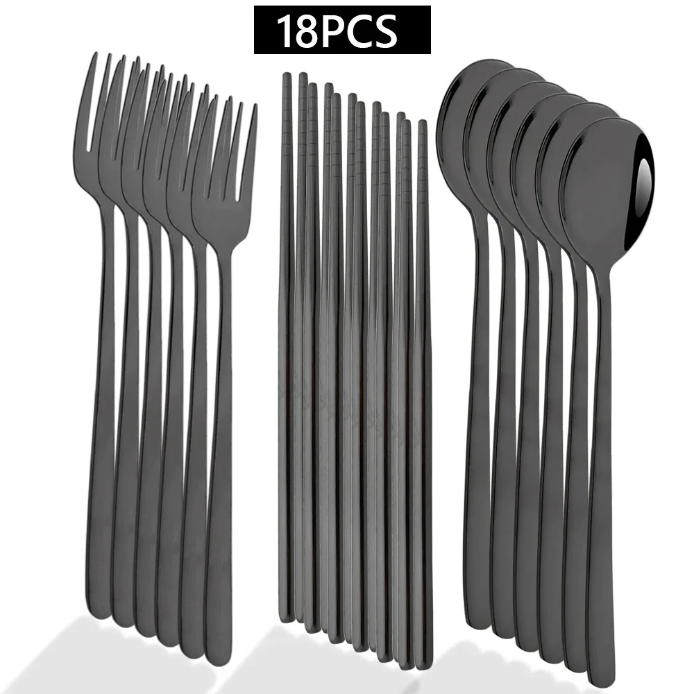 

18 шт., черные столовые приборы из нержавеющей стали, вилка, ложки, палочки для еды, набор столовой посуды в стиле вестерн, посуда для ресторана, кухни, дома, набор столовых приборов