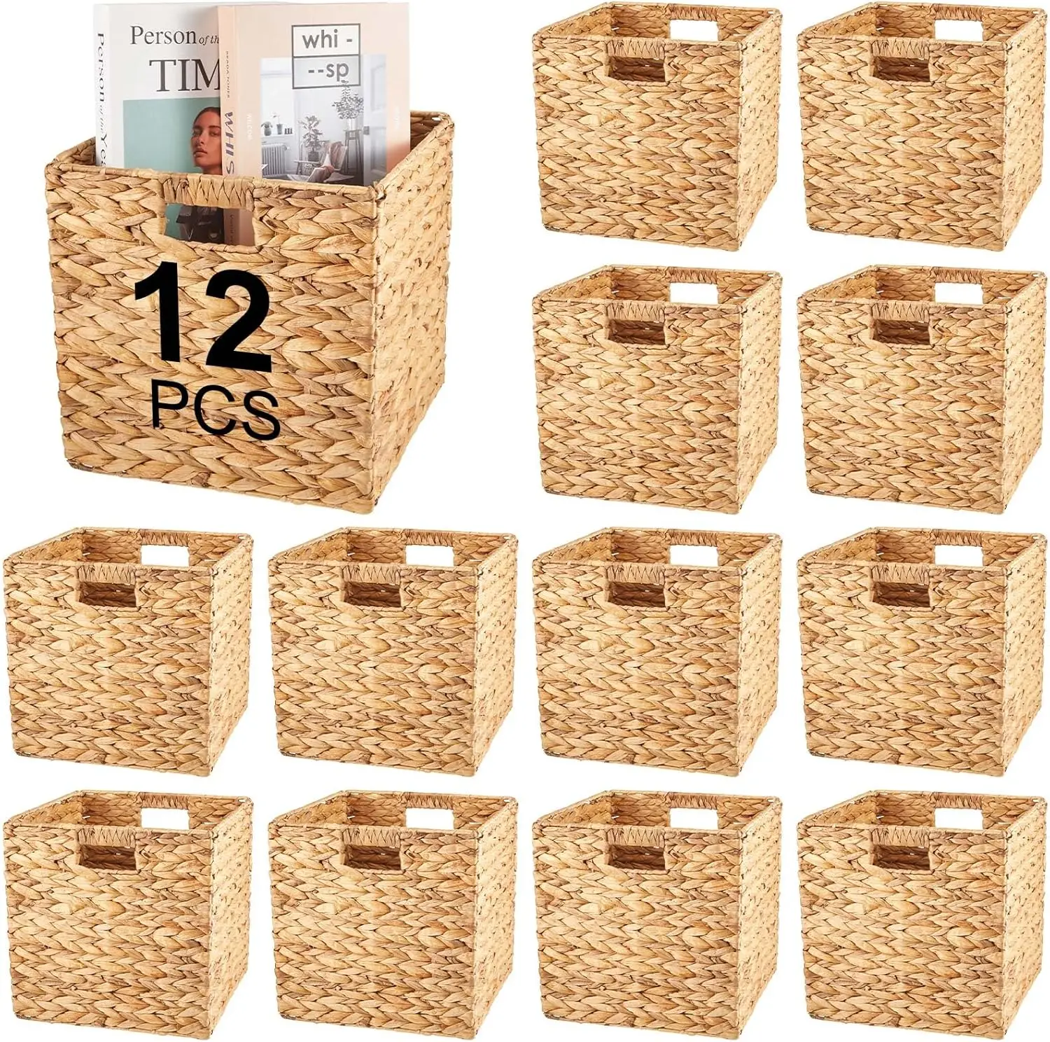 

Pcs Wicker Storage Basket Bulk Handwoven Water Hyacinth Storage Baskets Cube Storage Bin with Handles Woven Baskets Laundry Bins