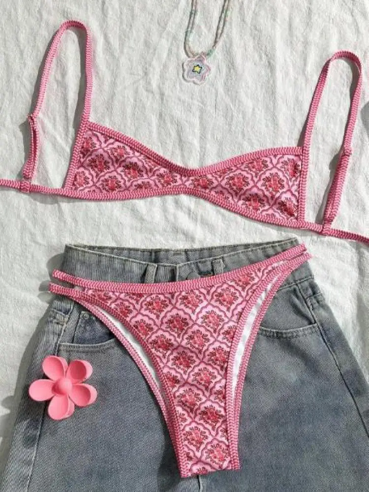 

Summer Pink Print Sexy Low Waist Triangle Pant Bikini Swimwear Women 2025 Backless Lace-up Swimsuit Beach Vacation Two Piece Set