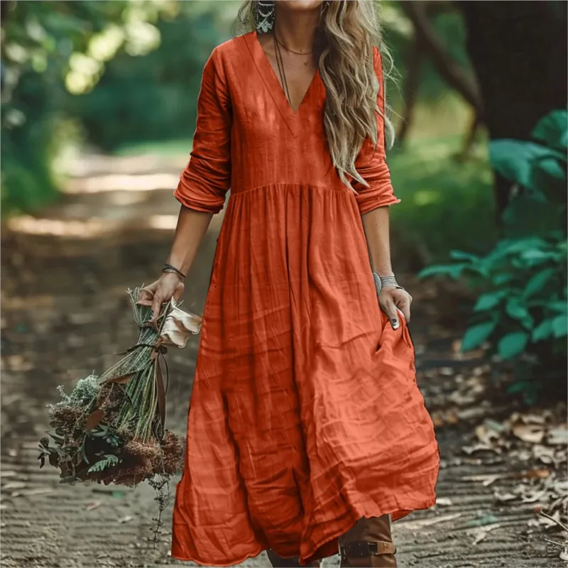 Casual cotton and linen V-neck long sleeved solid color loose dress for spring autumn women fashionable and elegant long skirt