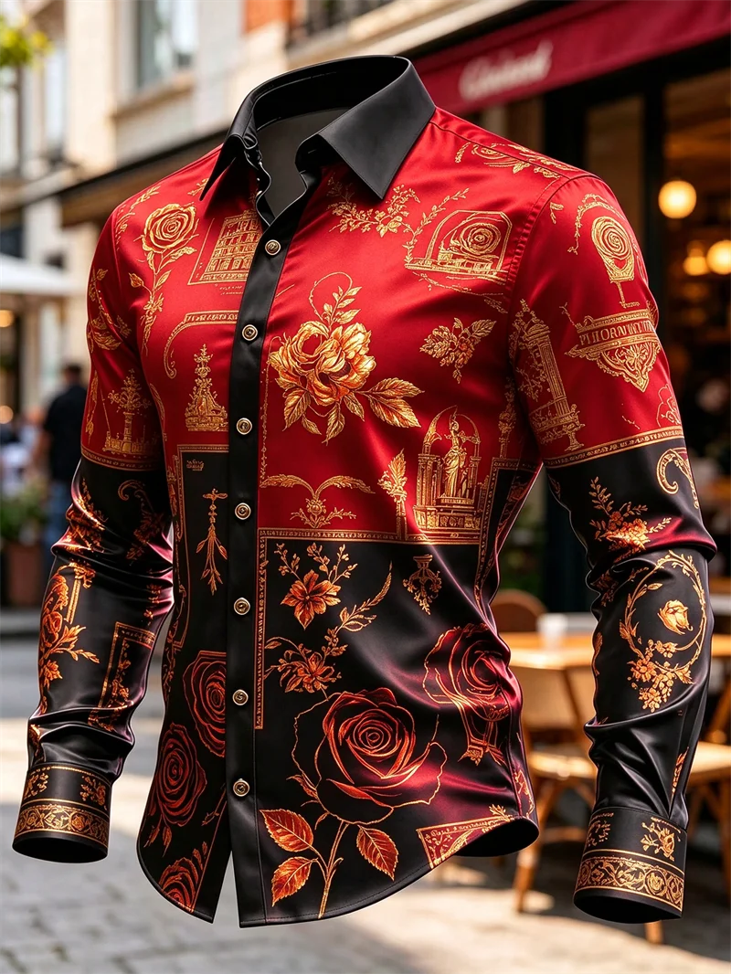 New Men's Shirt Red Black Satin Gold Rose Curly Grass European Court Pattern Black Collar Slimming Shirt