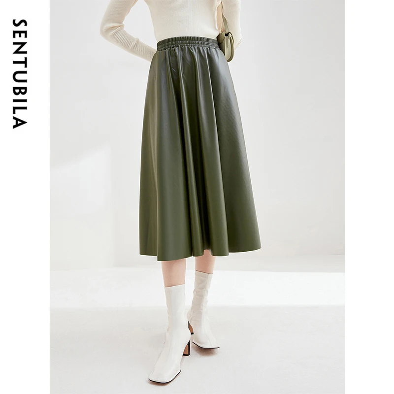 

SENTUBILA Vintage Style Faux Leather Skirts Women 2024 Autumn Fashion Elegant Elastic Waist A-line PU Long Skirt W33Q52264