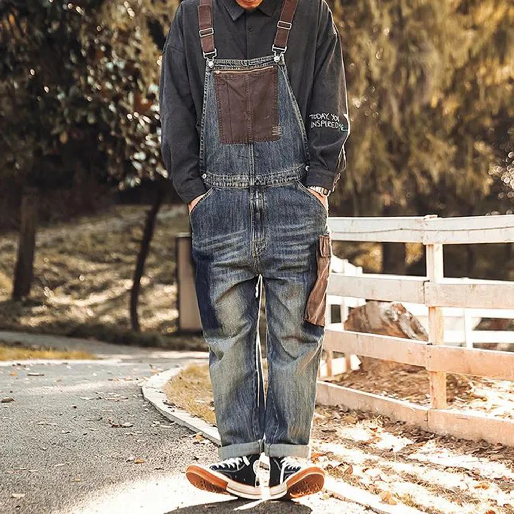 2024 Workwear Mens Overalls Trousers American Street Retro Straight Pants One-Piece Pants Casual Splicing Contrast Color Jeans