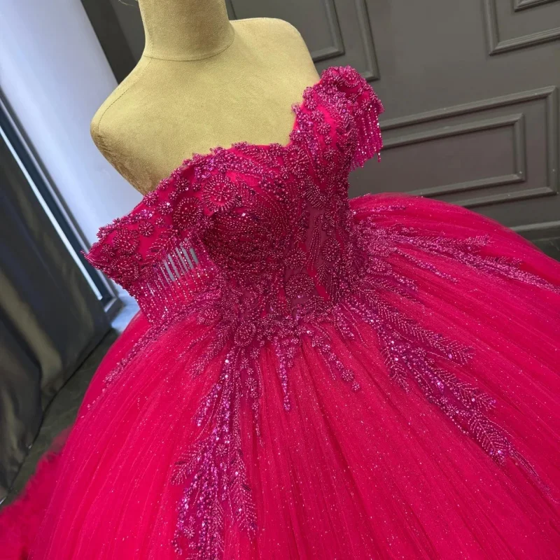 

Customized Shiny rose pink Quinceanera Dresses Off the Shoulder Sequin Tull Lace layering Long tail Vestido 15 Quinceanera