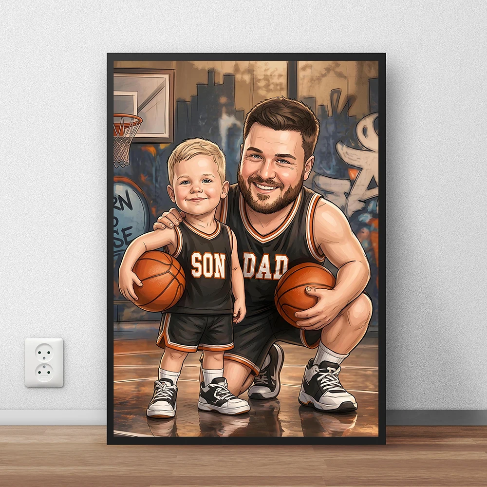 Father And Son Basketball Portrait Prints Funny Father's Day Gift Cartoon Illustration Of Child And Father Poster Funny Gifts