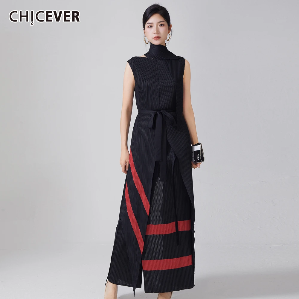 

CHICEVER Необычный шифоновый комплект из двух предметов для женщин, длинный топ без рукавов с v-образным вырезом и шнуровкой, брюки с высокой талией, элегантный женский костюм