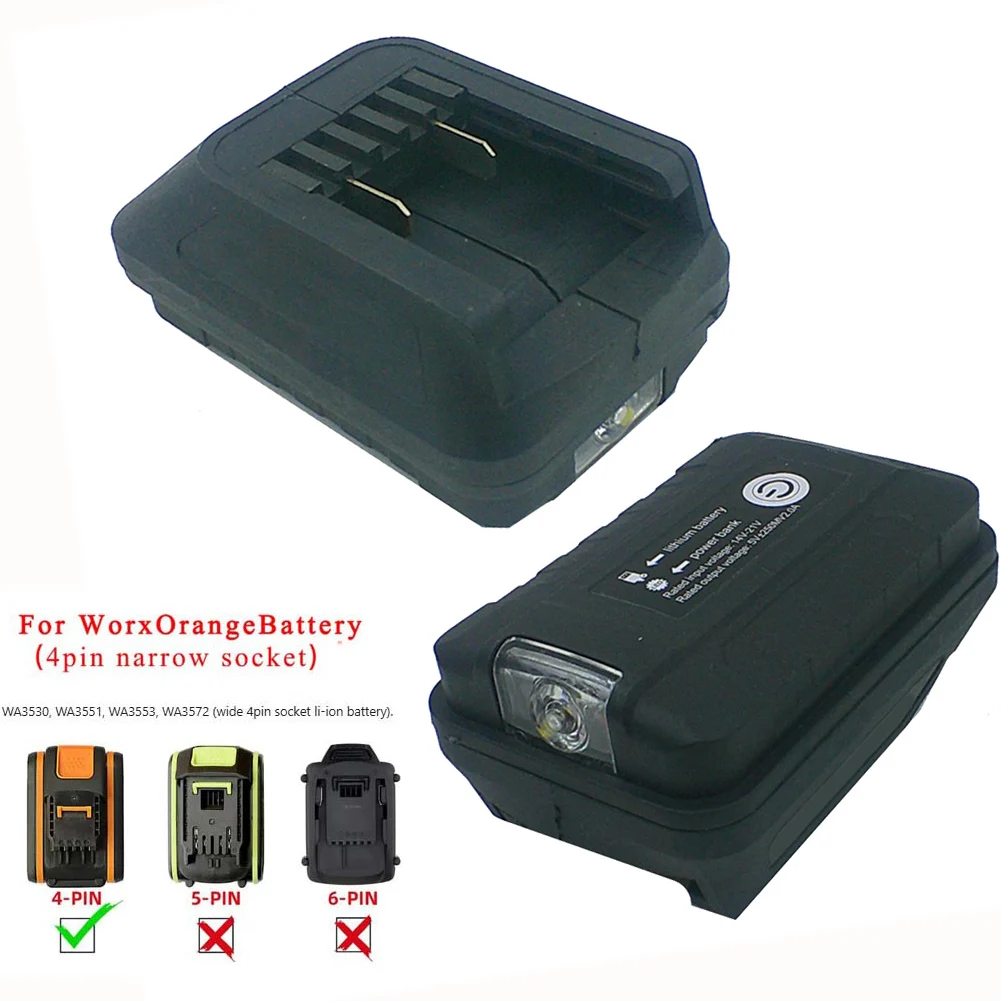 

LED Torch Battery Adapter For Worx 20V 4Pin WA3530 WA3551 WA3553 USB Charging Port Converter For Power Tools