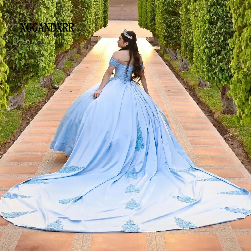 Elegant Quinceanera Dresses Blue Grils Sweet 15 16 Birthday Party Gown 2024 Off Shoulder Sweetheart Backless Lace Applique Miss