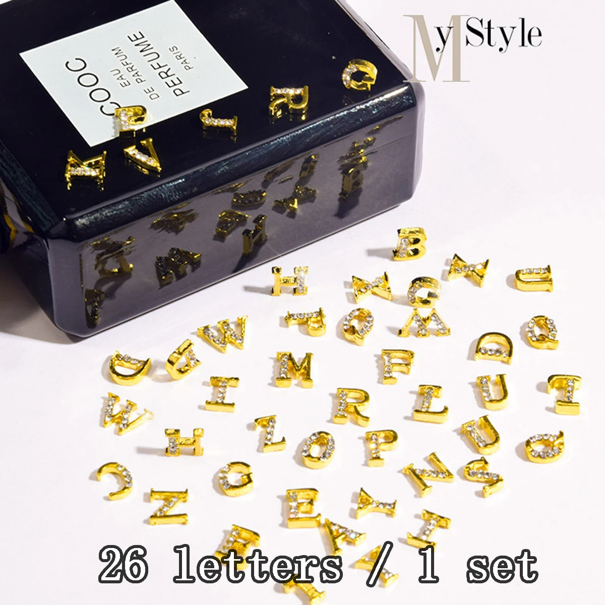 26 pieces light luxury letter full diamond alloy flat nail jewelry, y2k simple English letter DIY nail decoration