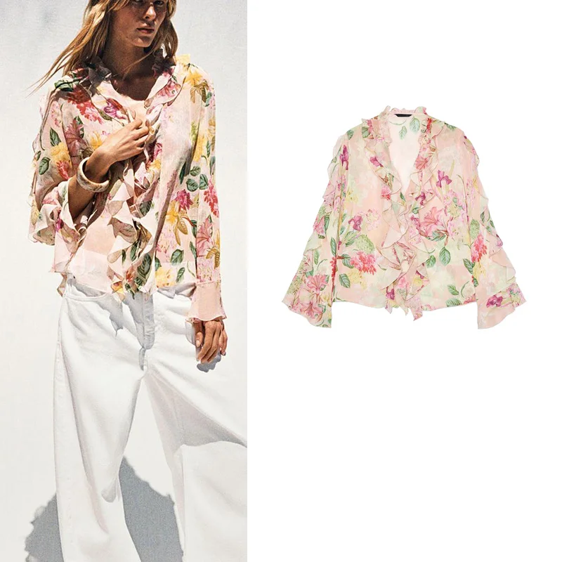 春夏新作 レディース 長袖 Vネック 花柄プリント レイヤード風 ドレープシャツ ゆったり 通勤スタイル