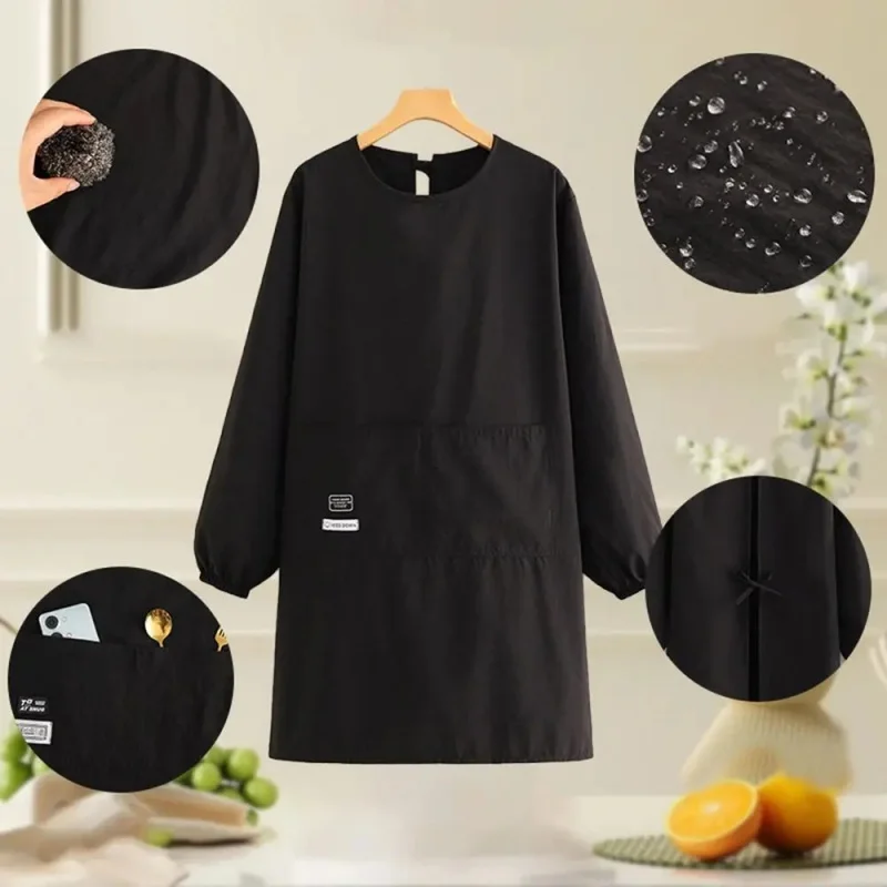 Solid Color Kitchen Apron Waterproof Long Sleeve Coffee House Aprons Breathable Cross Back Catering Work Clothes - view 3