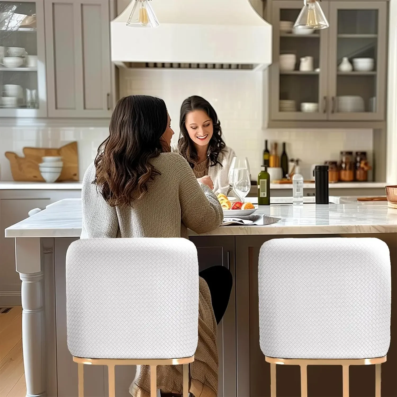 Bar Stools Set of 3, Counter Height Bar Stools for Kitchen Island,Creamy White & Gold Bar Stools with Back