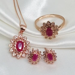 MeiBaPJ Natural Myanmar Ruby Gemstone 925 Pure Silver Earrings Ring Pendant Necklace 3 Suits Fine Wedding Jewelry Sets for Women