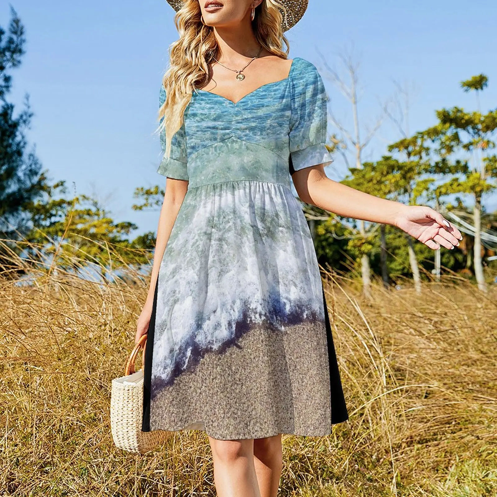 Ocean Blue Shore Waves Short Sleeved Dress elegant chic women dresses promotion summer dress korean women Dress