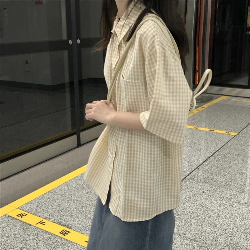 Plaid Shirts for Women Youthful Commuting Fresh Pocket Summer Short Sleeve Tops Tender Hipster Vintage American Style All-match