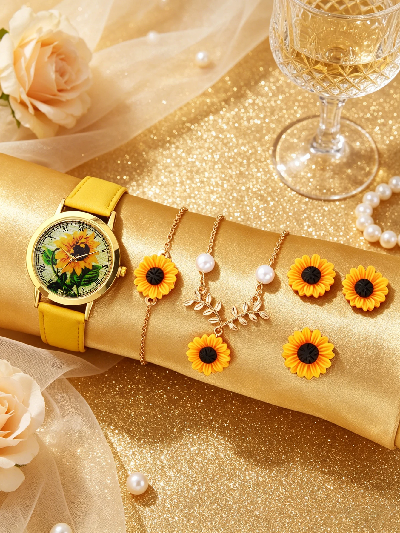 Ladies Casual Fashion Sunflower Element Watch And Jewelry Set Versatile for Daily Vacation Gift Set