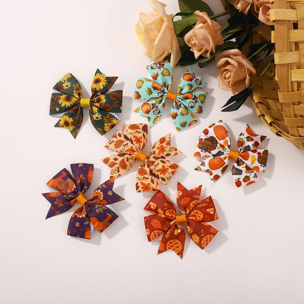 12/24Pcs Thanksgiving Day Bogen Haar Clip Set Für Kinder Mädchen Herbst Gedruckt Band Ahorn Blätter Kürbis Haarnadeln haar Zubehör – Detail 8