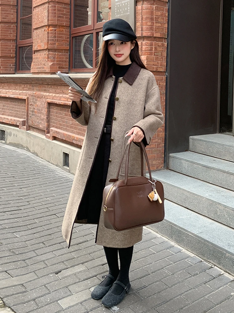 LANMREM Wool Double-sided Coat With Brown Collar Contrast Color Single Breasted Woolen Coats Office Lady Fashion New 2DB1432