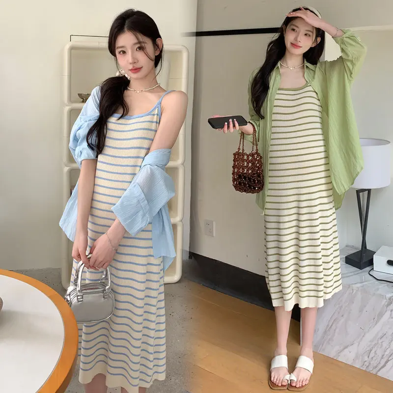 Summer Maternity Set: Knit Striped Sundress + UV-Protection Shirt - Slimming & Breathable Two-Piece Pregnancy Outfit for Moms