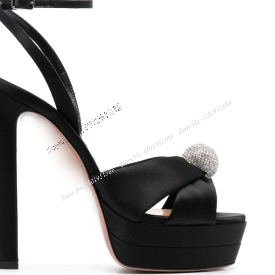 Black Bow Knot Platform Sandals Solid Crystal Ball Decor Peep Toe Shoes for Women Ankle Buckle Chunky High Heels Open Toe Sandal