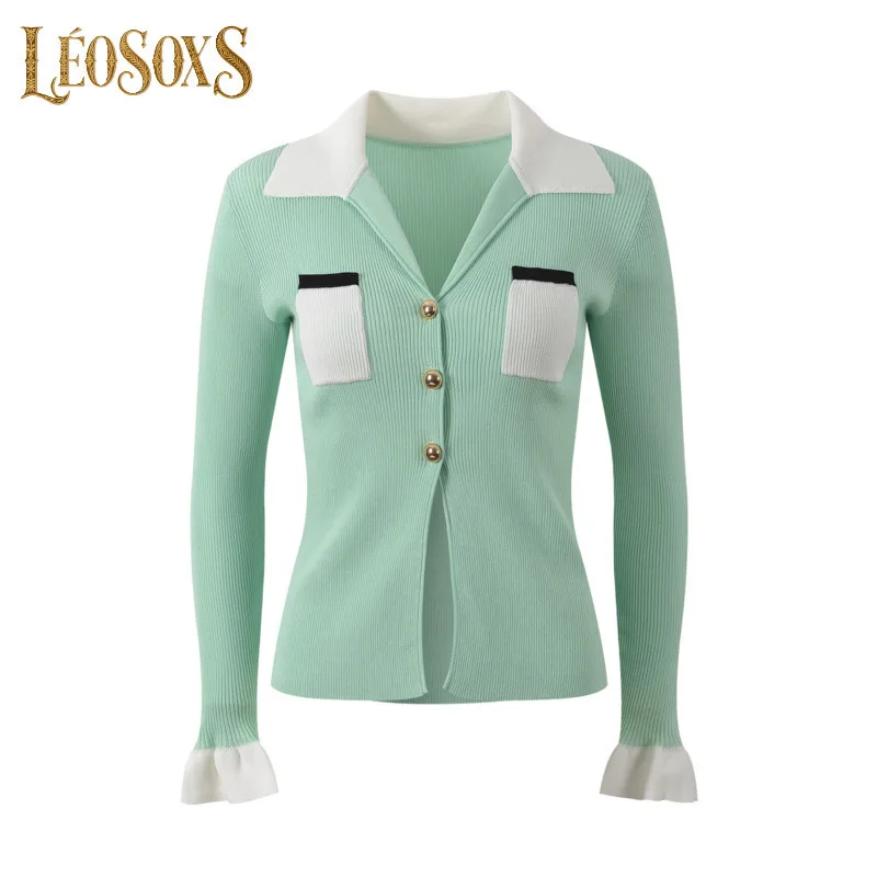 

Женский вязаный кардиган LEOSOXS на пуговицах спереди с контрастной отделкой и рюшами на манжетах для полированных повседневных и социальных мероприятий 2025 г.