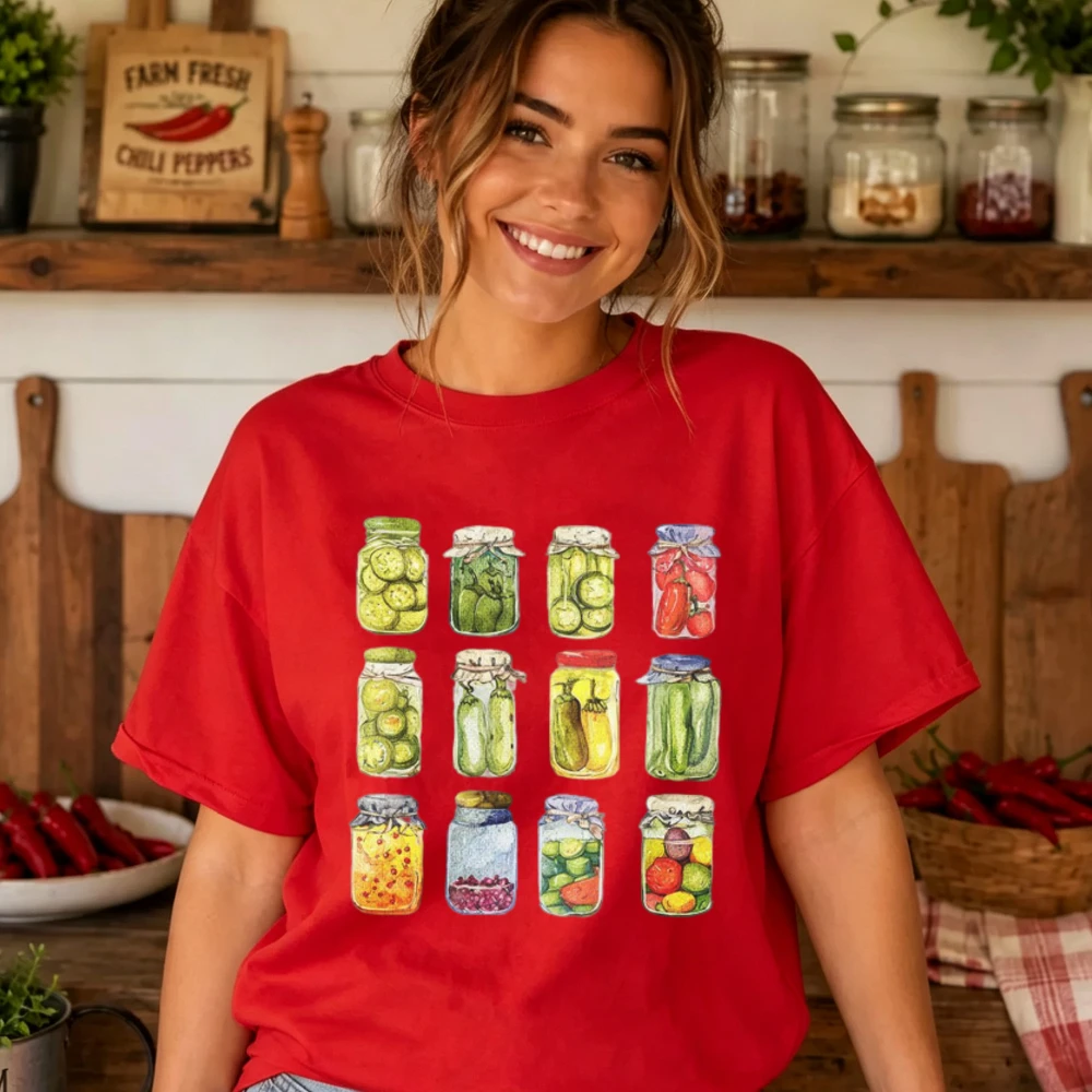 Watercolor Pickled Vegetables Glass Jars Assorted Cucumber Chili Tomato Print Women T Shirt Cotton Tee Homemade Food Casual Tops