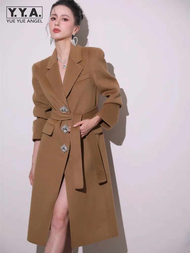 

Autumn Winter Women Brown Slim Fit Turn Down Collar Double Breasted Belt Loose Fit Middle Long Jacket Office Ladies Woolen Coat