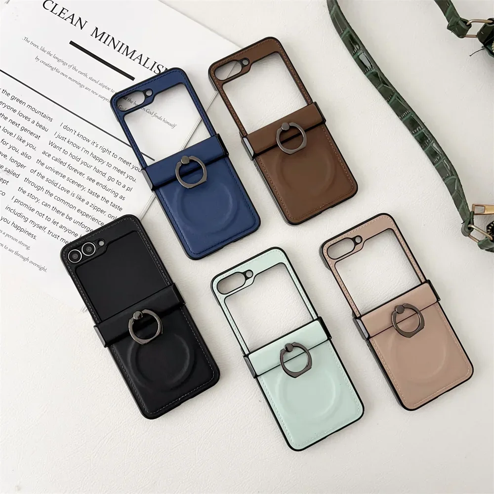 Luxury Business Sle Leather Bracket Case for Samsung Galaxy Z Flip 6 5 4 3 7 8 Magnetic Ring Holder Stand Shockproof Cover