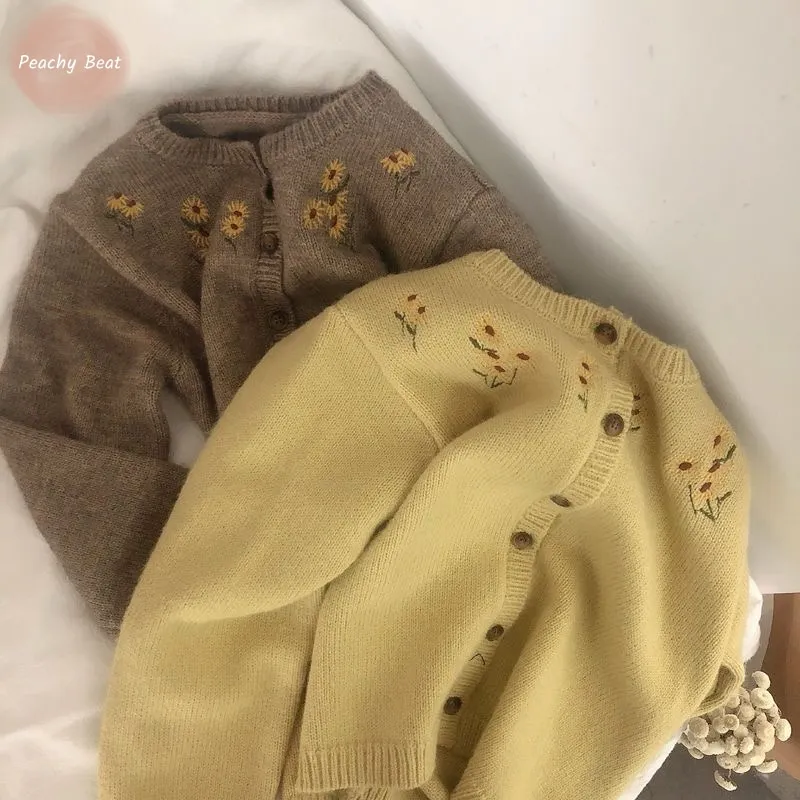 Newborn Baby Girl Princess Floral Embroidery Knit Cardigan Infant Toddler Sweater Long Sleeve Knitwear Coat Baby Clothes 18M-10Y