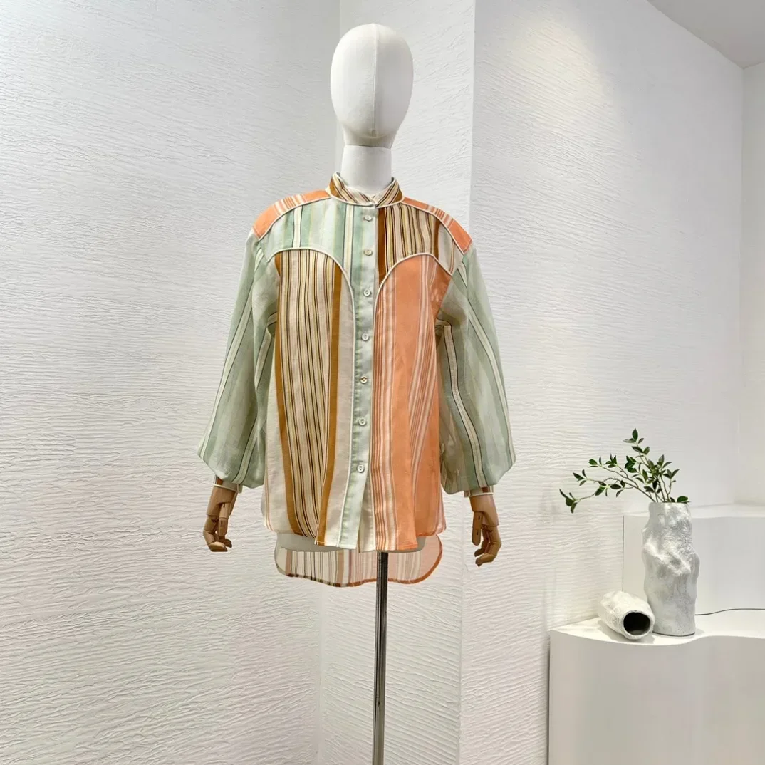 Orange Green Patchwork Striped Long Sleeve Blouse and Shorts Set