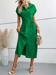 Women Casual V Neck Short Sleeve Cross Lace Up Dress Women Spring Summer Simple Elegant Mid Length Dresses Female Shirt Dress