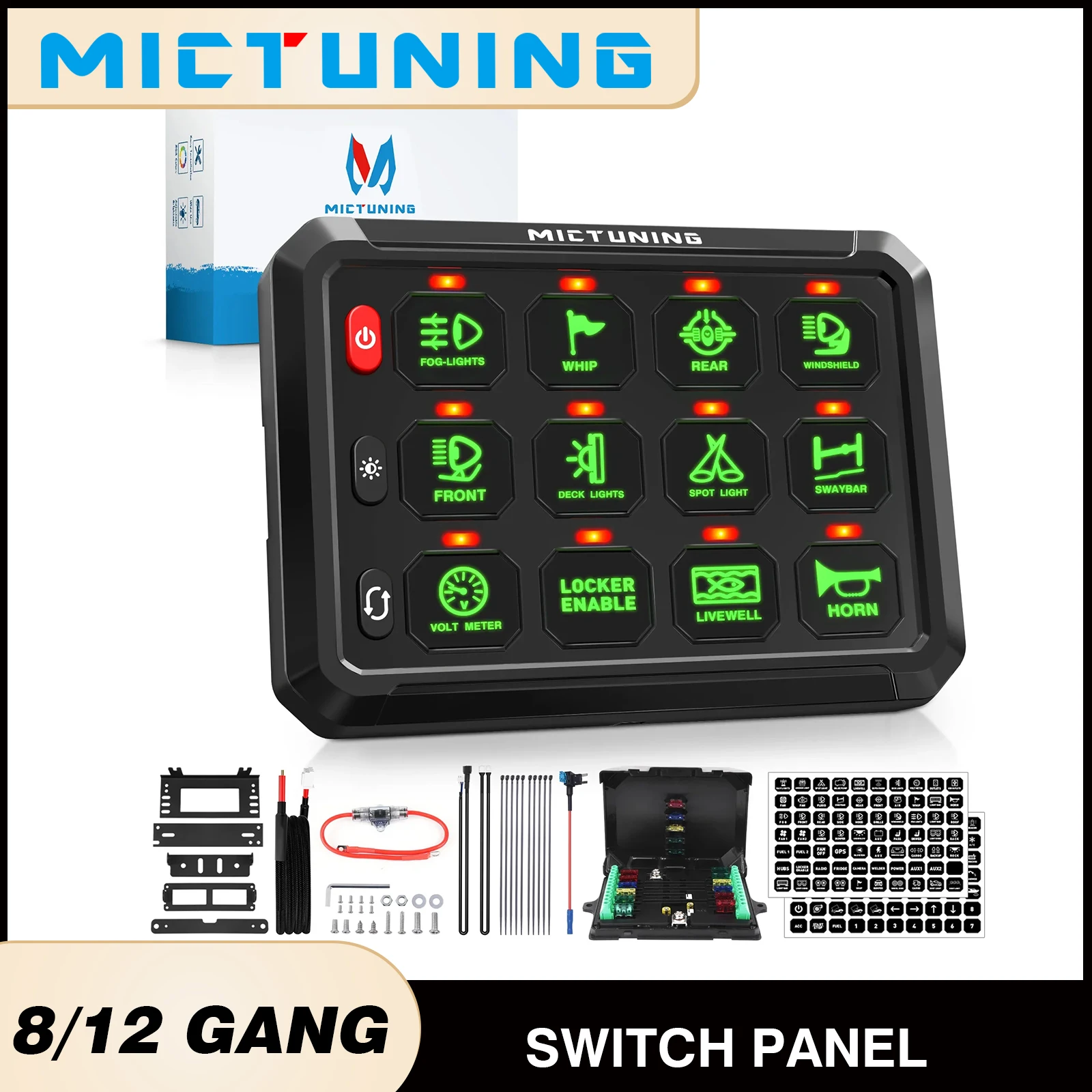 

MICTUNING P1S Green 8/12 Gang Switch Panel 6 Level Brightness Toggle/Touch ON-Off Momentary Circuit Control Relay Box for Car