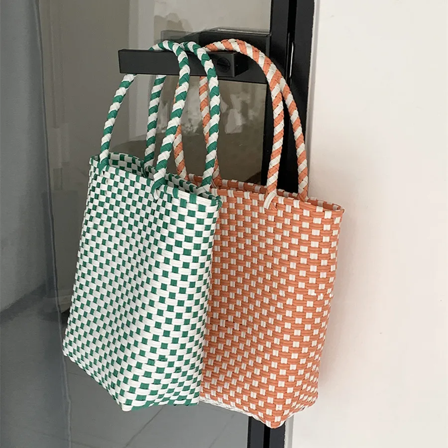 Plastic PP Hand Woven Beach Bag Vegetable Basket Bags Straw Shopping Tote Carry Handbag